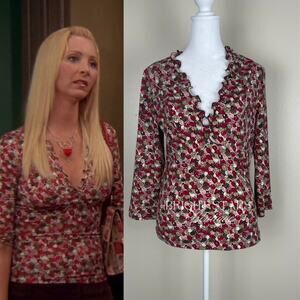 Rare Vintage Pink Print Top ASO Phoebe Buffay Friends V-Neck Faux Wrap Y2K